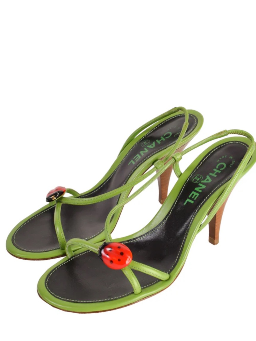 CHANEL Green Leather Slingback Sandals with Red Ladybug Accent